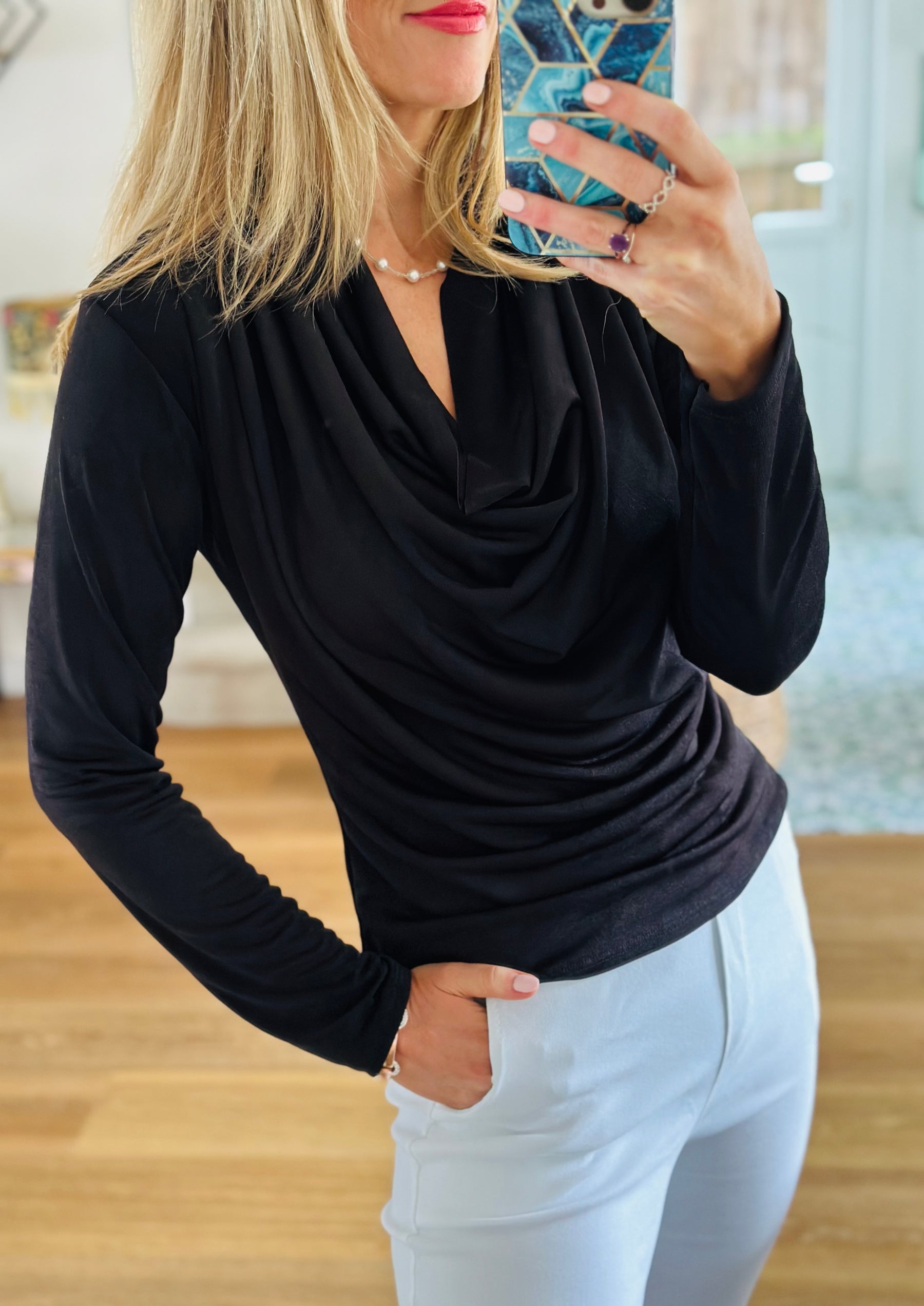 Cowl neck stretch top in black