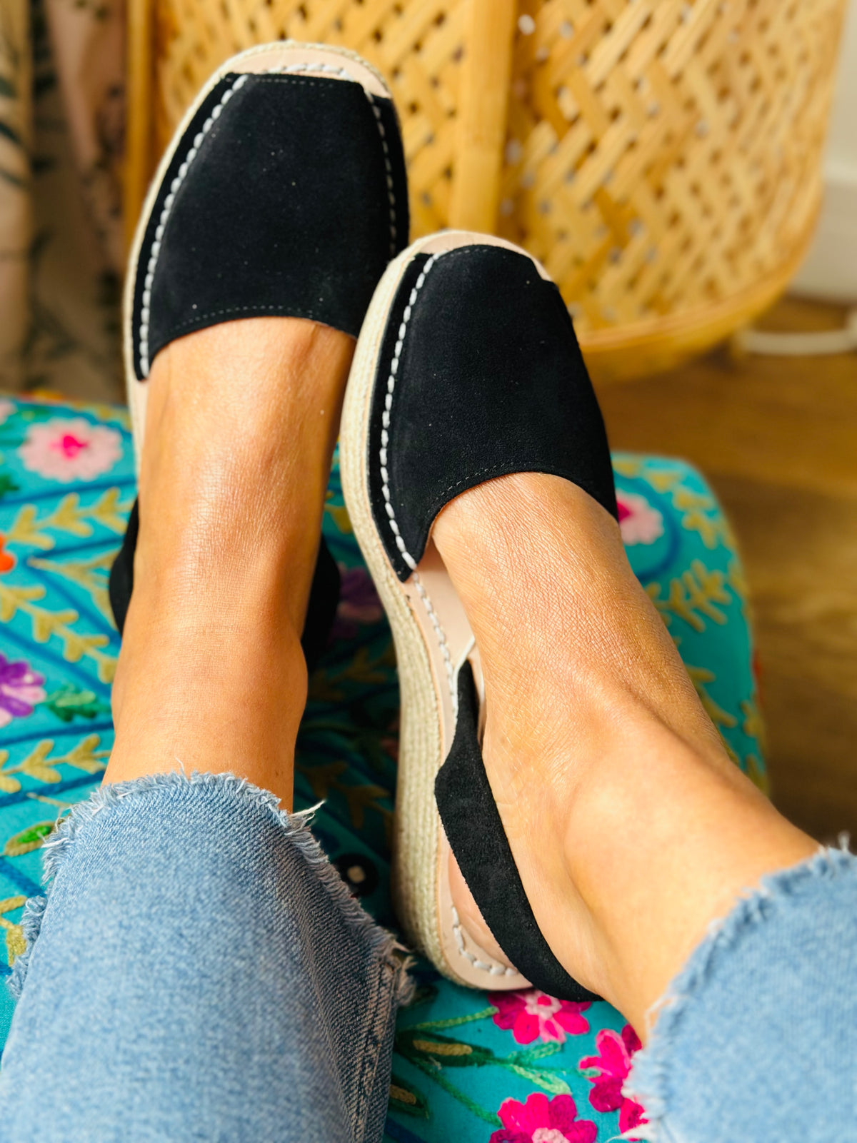 Black Suede Low Espadrille Wedge