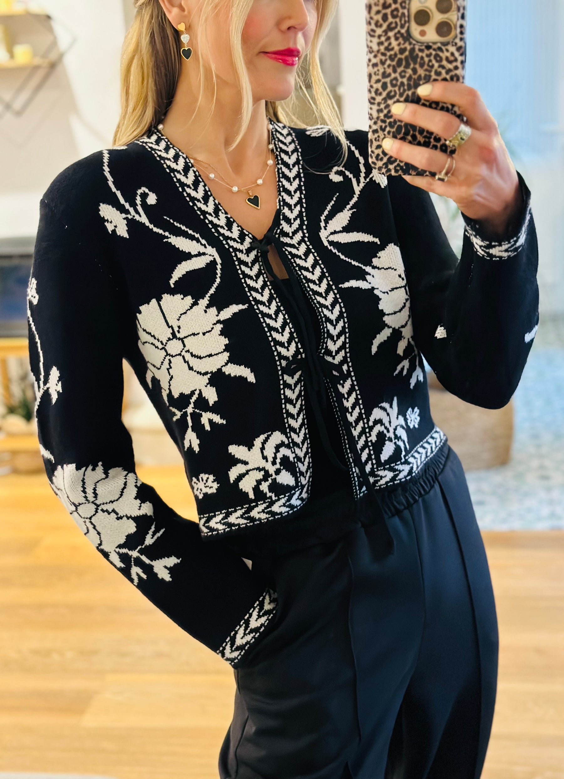 Monochrome Tie Front Cardigan