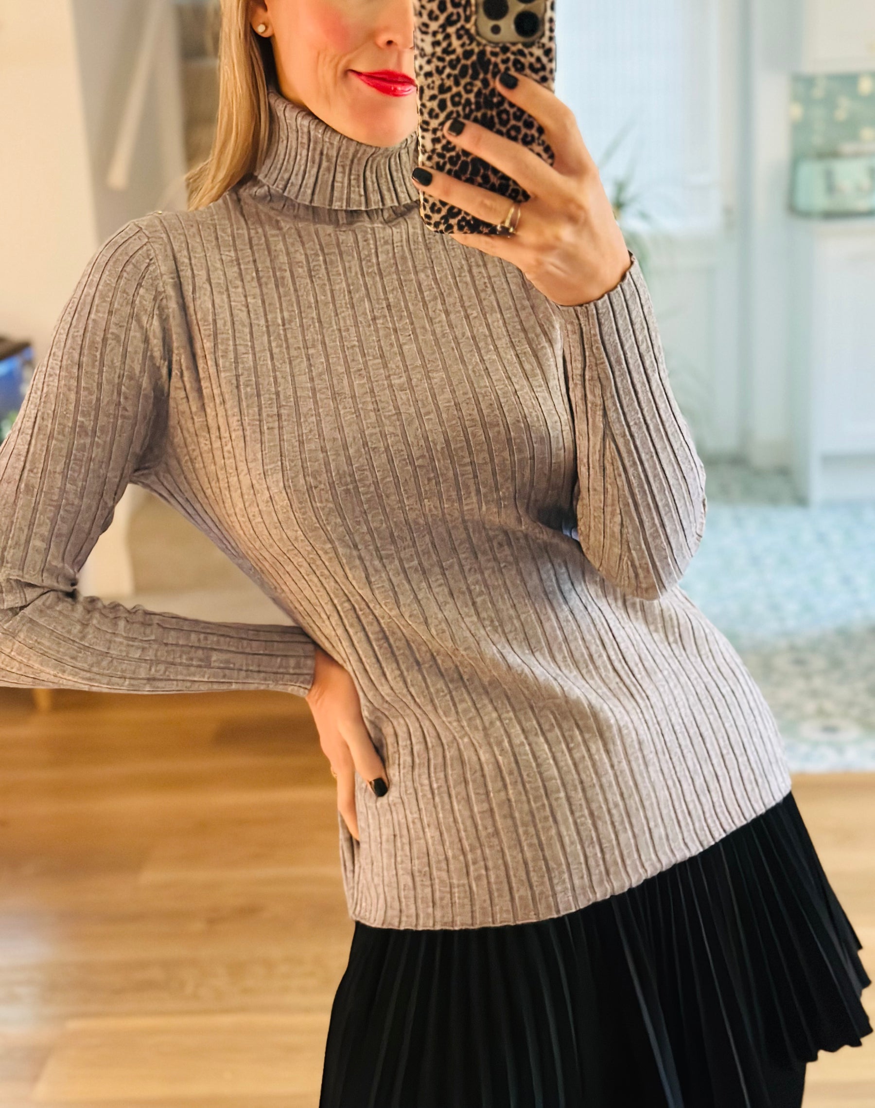 Grey ribbed roll neck