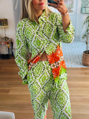 Printed Shirt Co-ord in Green & Coral