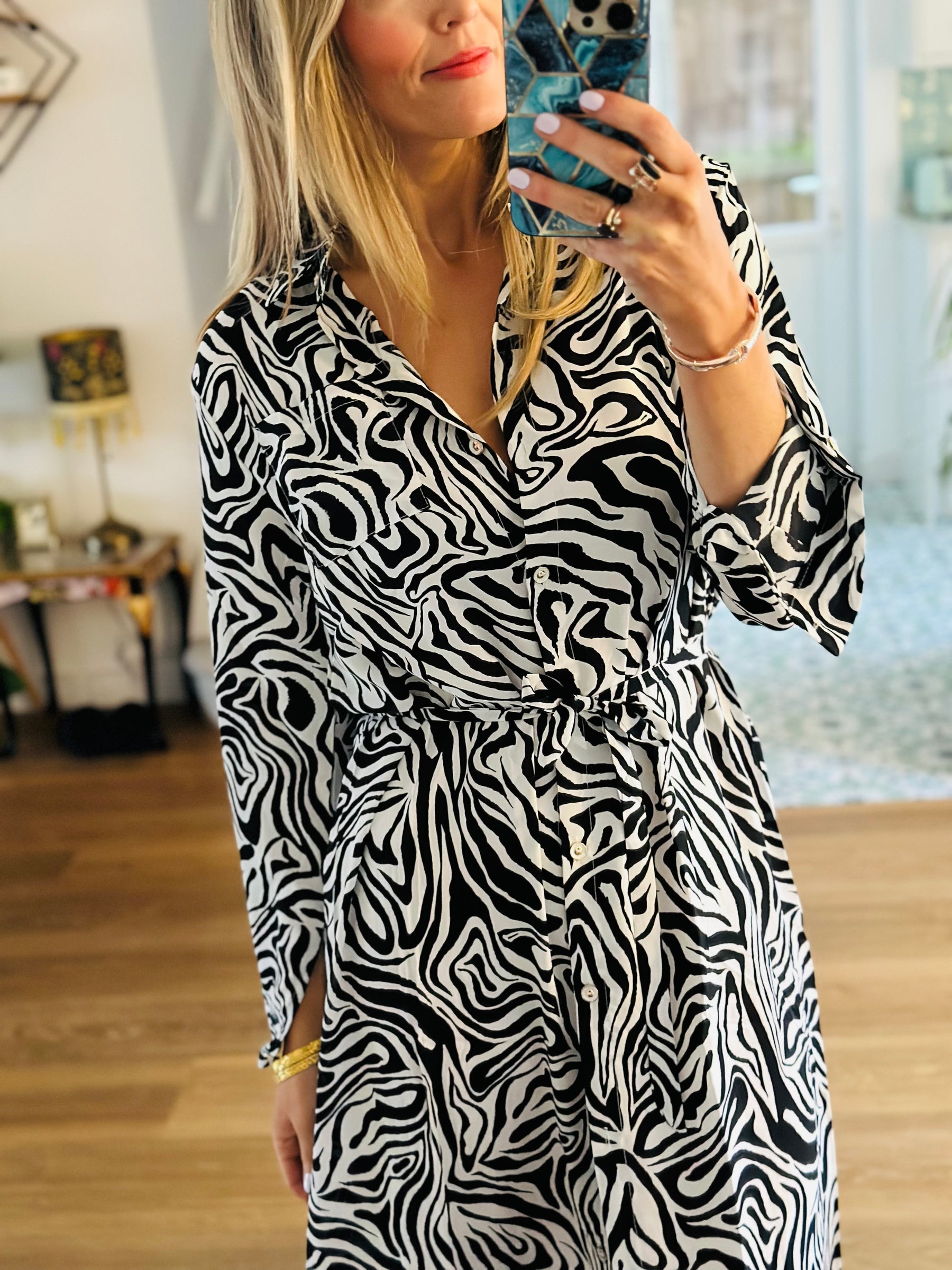 Zebra Maxi Shirt Dress in Black