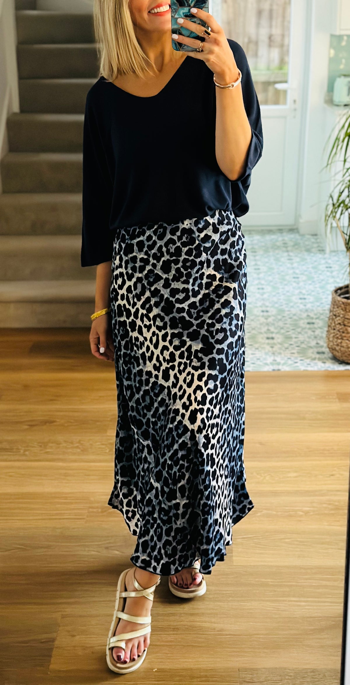 Silk Leopard Print Bias Cut Skirt in Blue