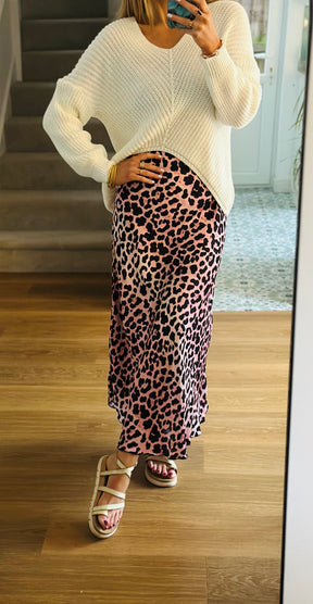 Silk Leopard Print Bias Cut Skirt in Pink