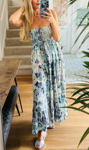 Blue Bandeau Printed Maxi Dress