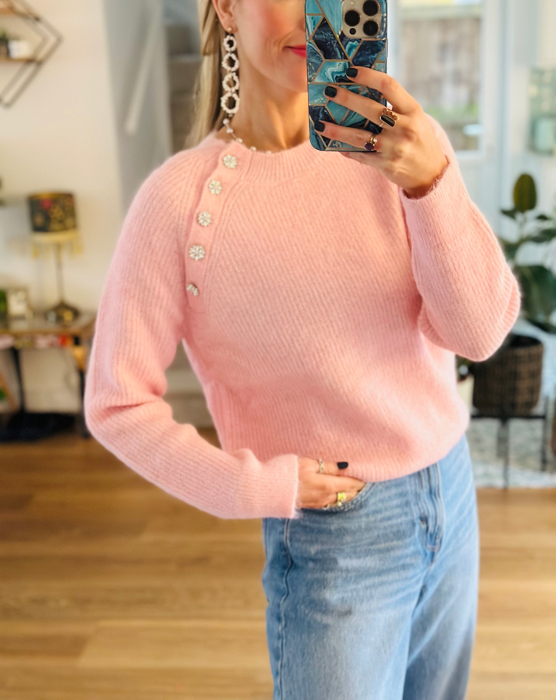 Pink Diamante Button Jumper