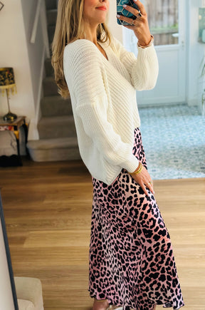 Silk Leopard Print Bias Cut Skirt in Pink