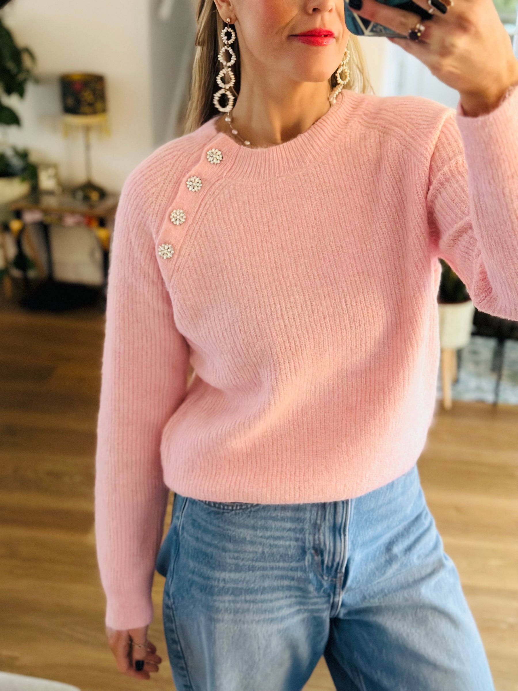 Pink Diamante Button Jumper