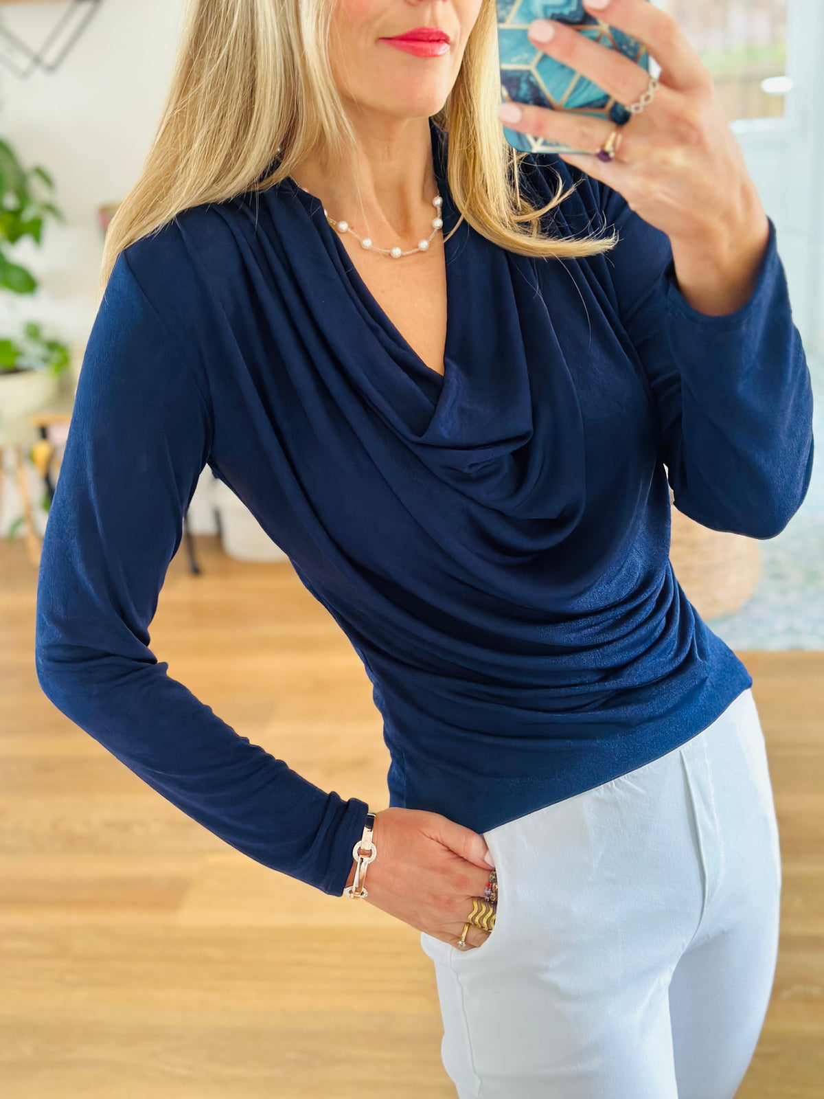 Cowl neck stretch top in navy