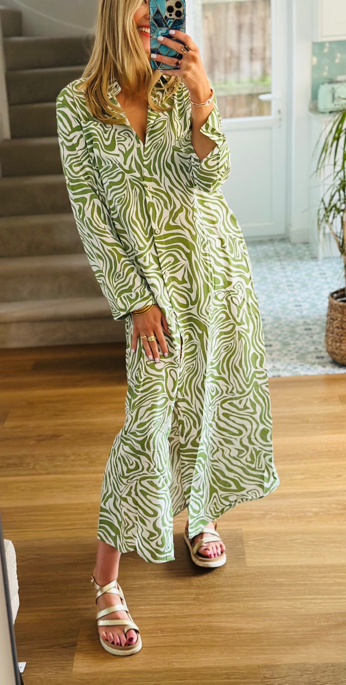 Zebra Maxi Shirt Dress in Green