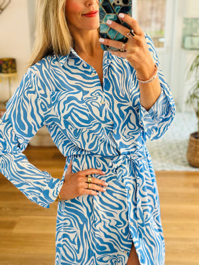 Zebra Maxi Shirt Dress in Blue