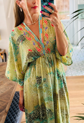 Green Printed Silk Maxi Dress