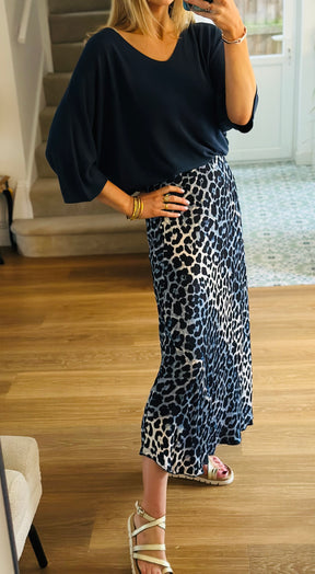 Silk Leopard Print Bias Cut Skirt in Blue