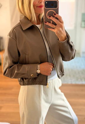Taupe Zip Front Faux Leather Jacket