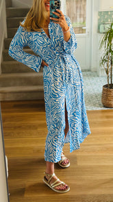 Zebra Maxi Shirt Dress in Blue