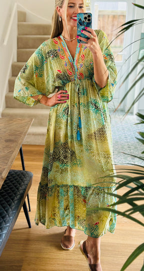 Green Printed Silk Maxi Dress