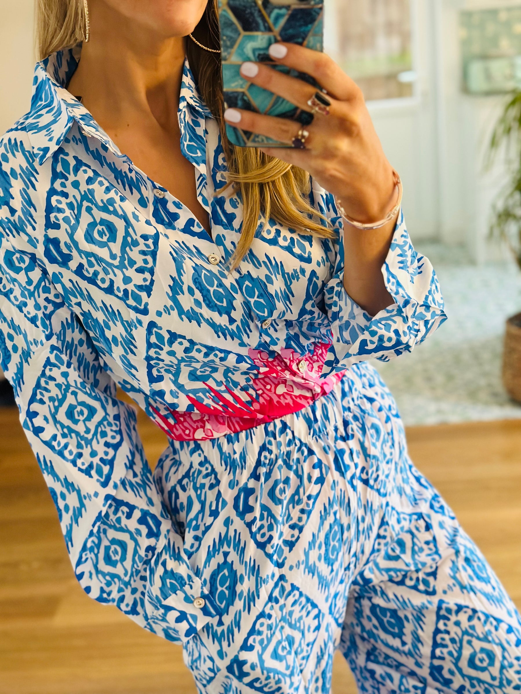 Printed Shirt Co-ord in Blue & Pink