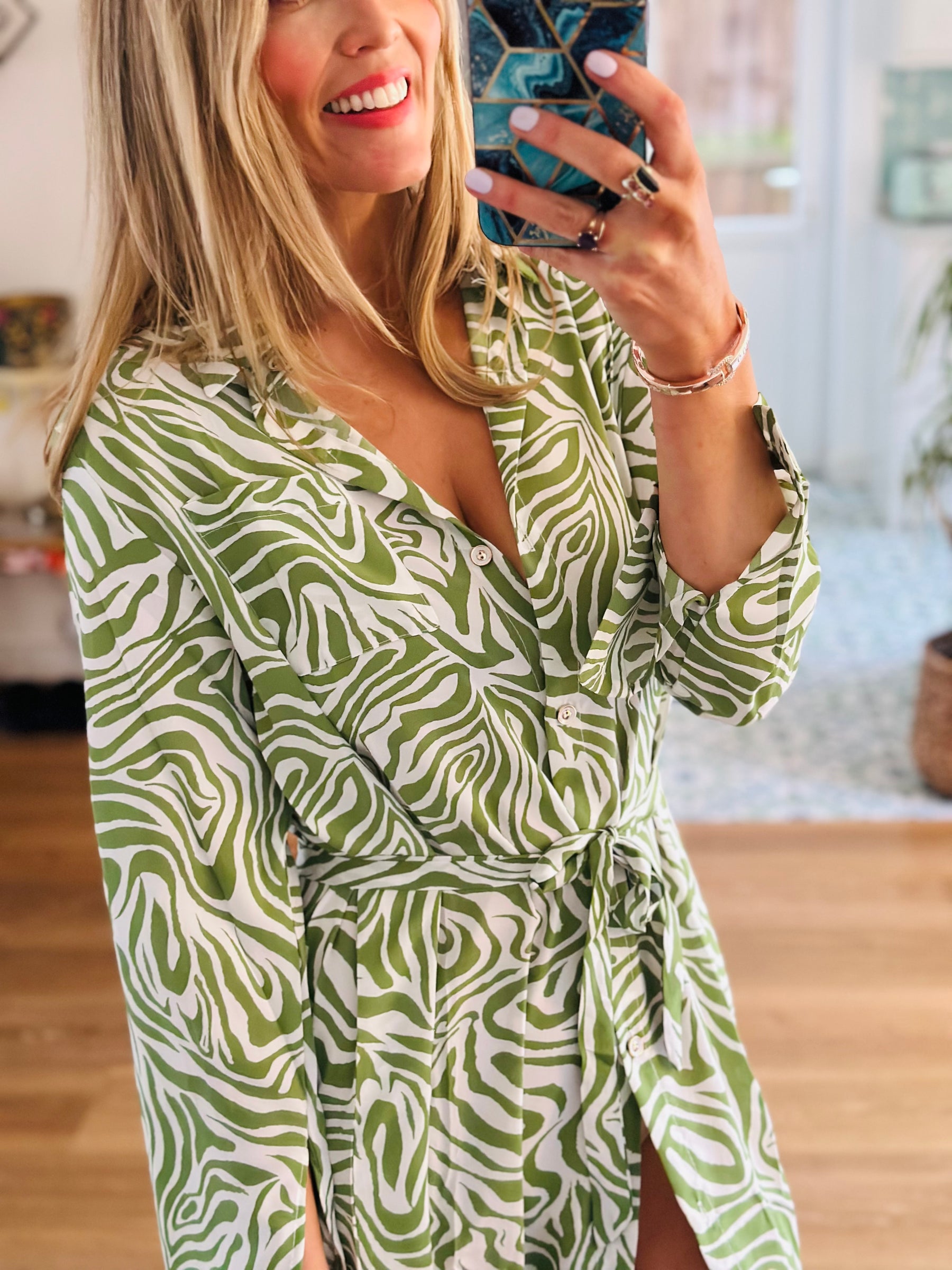 Zebra Maxi Shirt Dress in Green