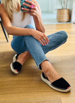 Black Suede Low Espadrille Wedge