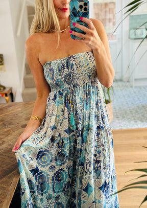 Blue Bandeau Printed Maxi Dress