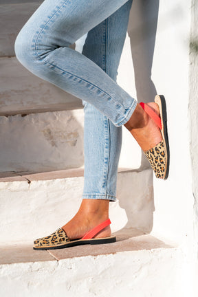 leopard print leather spanish menorcan avarcas sandals with an neon coral heel strap