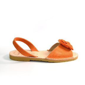orange suede peeptoe slinback with a flower embellishment avarcas menorcan sandals