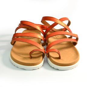 orange metallic leather strappy arch support gladiator sandals