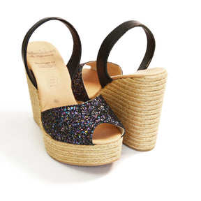 Dark Multi Glitter High Espadrille Wedge Avarca Spanish Sandals