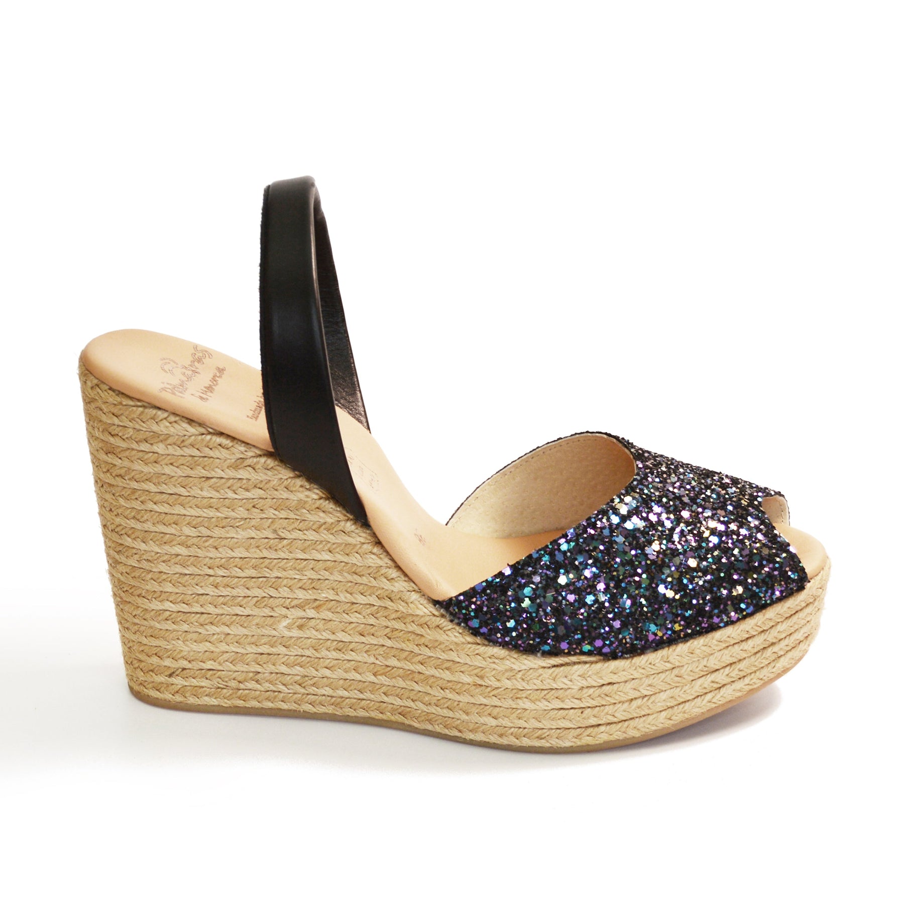 Dark Multi Glitter High Espadrille Wedge Avarca Spanish Sandals