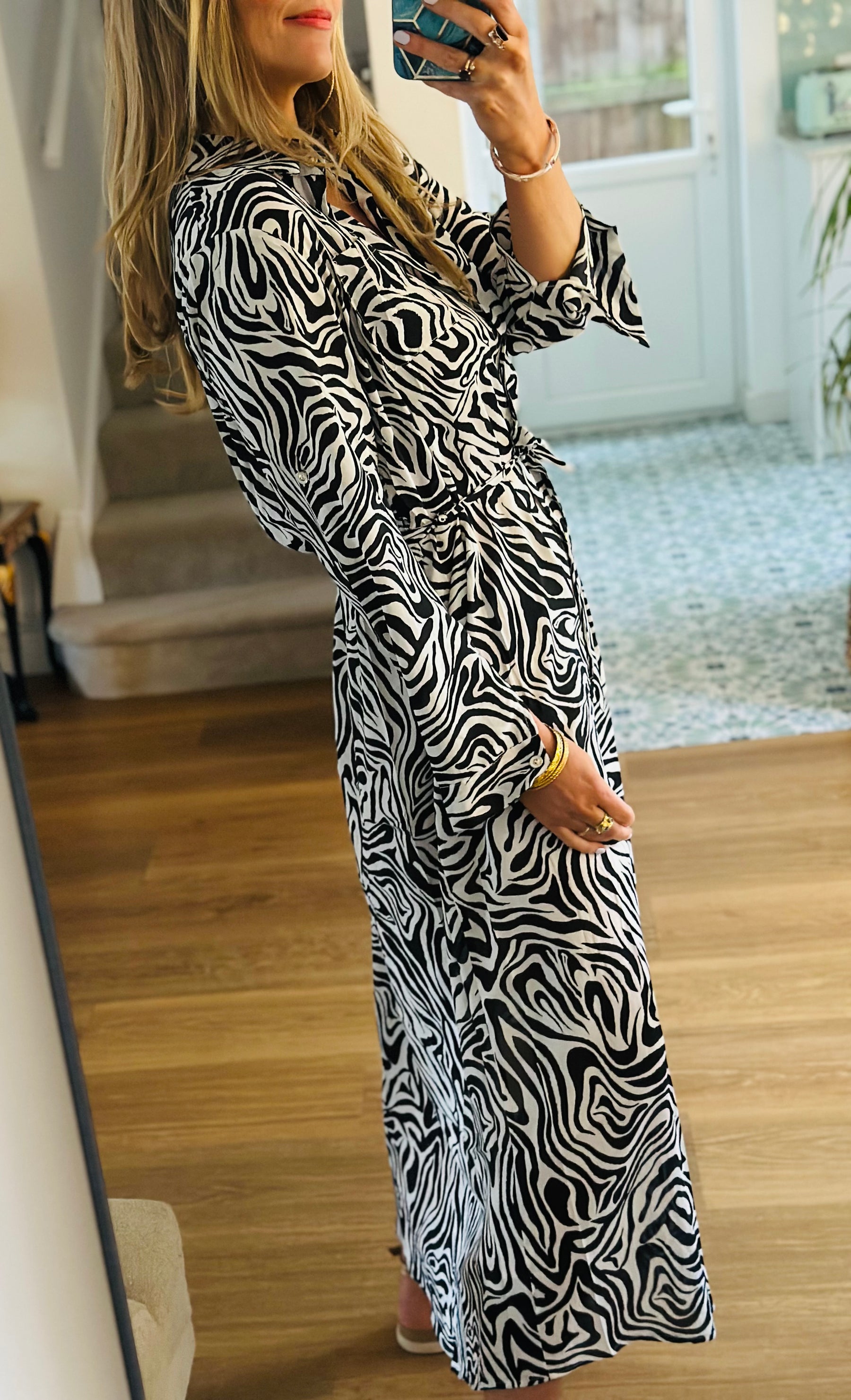 Zebra Maxi Shirt Dress in Black