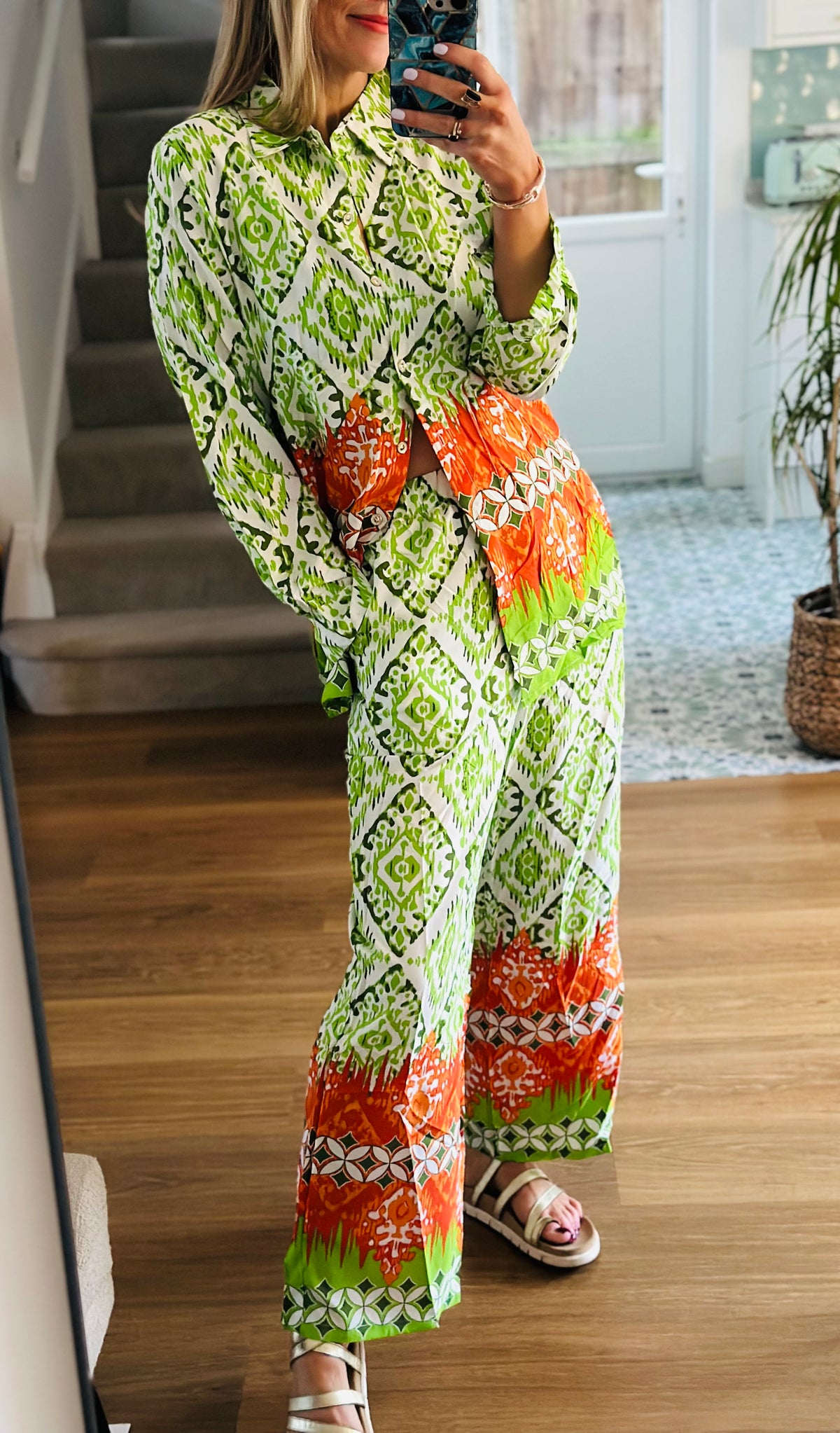 Printed Shirt Co-ord in Green & Coral