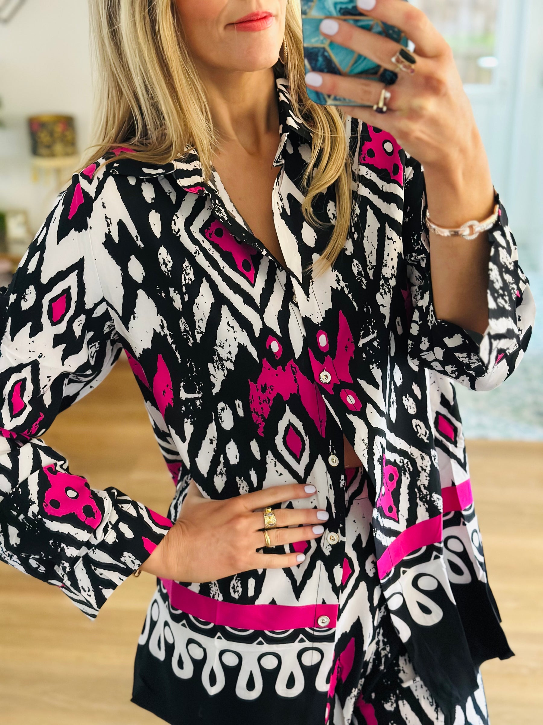 Printed Shirt Co-ord Pink & Black