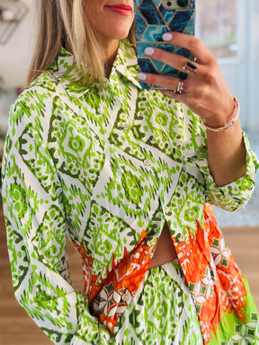 Printed Shirt Co-ord in Green & Coral