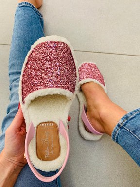 Pink glitter wool lined spanish menorcan slipper avarcas