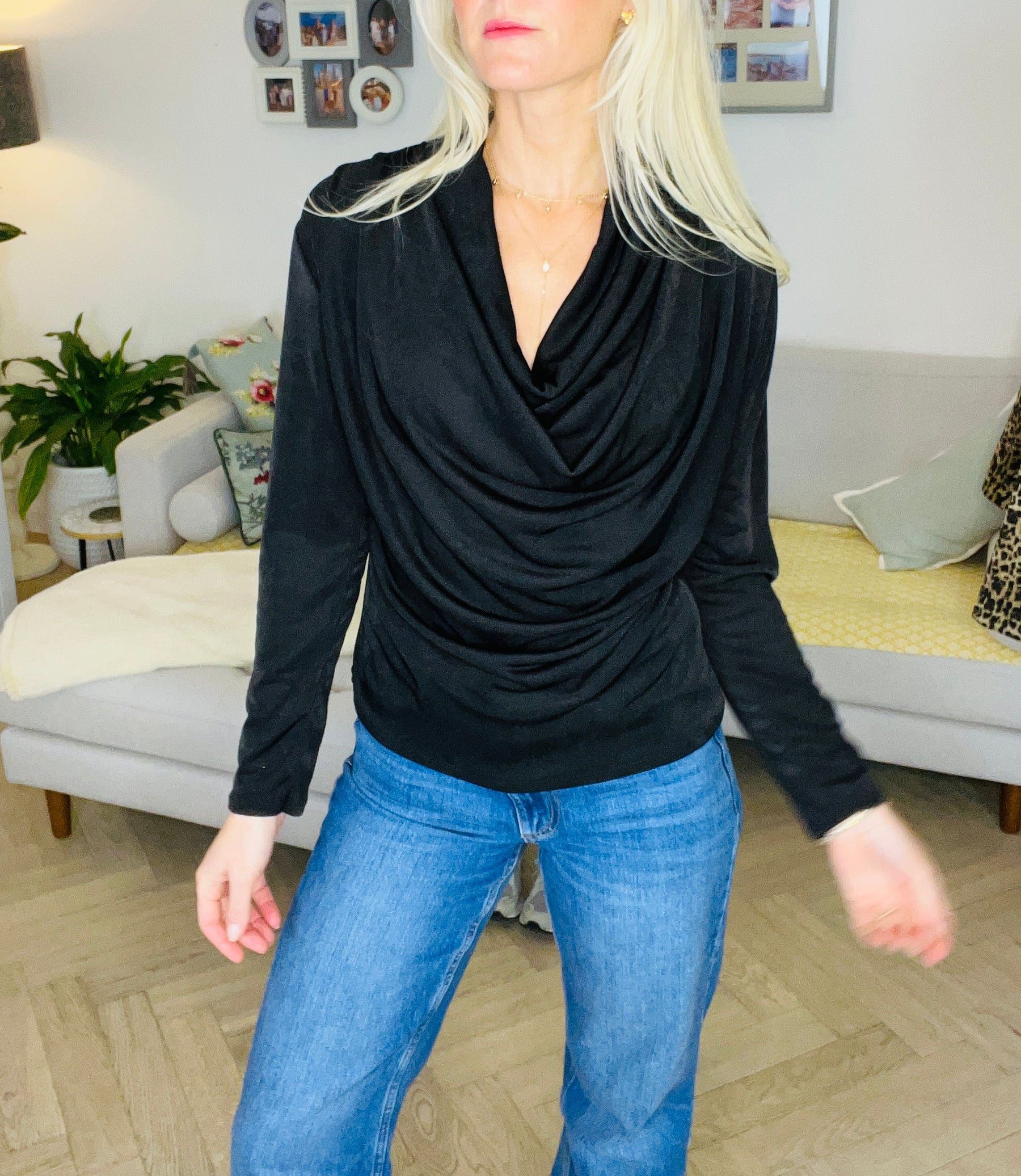 Cowl neck stretch top in black