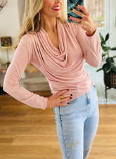 Cowl neck stretch top in baby pink