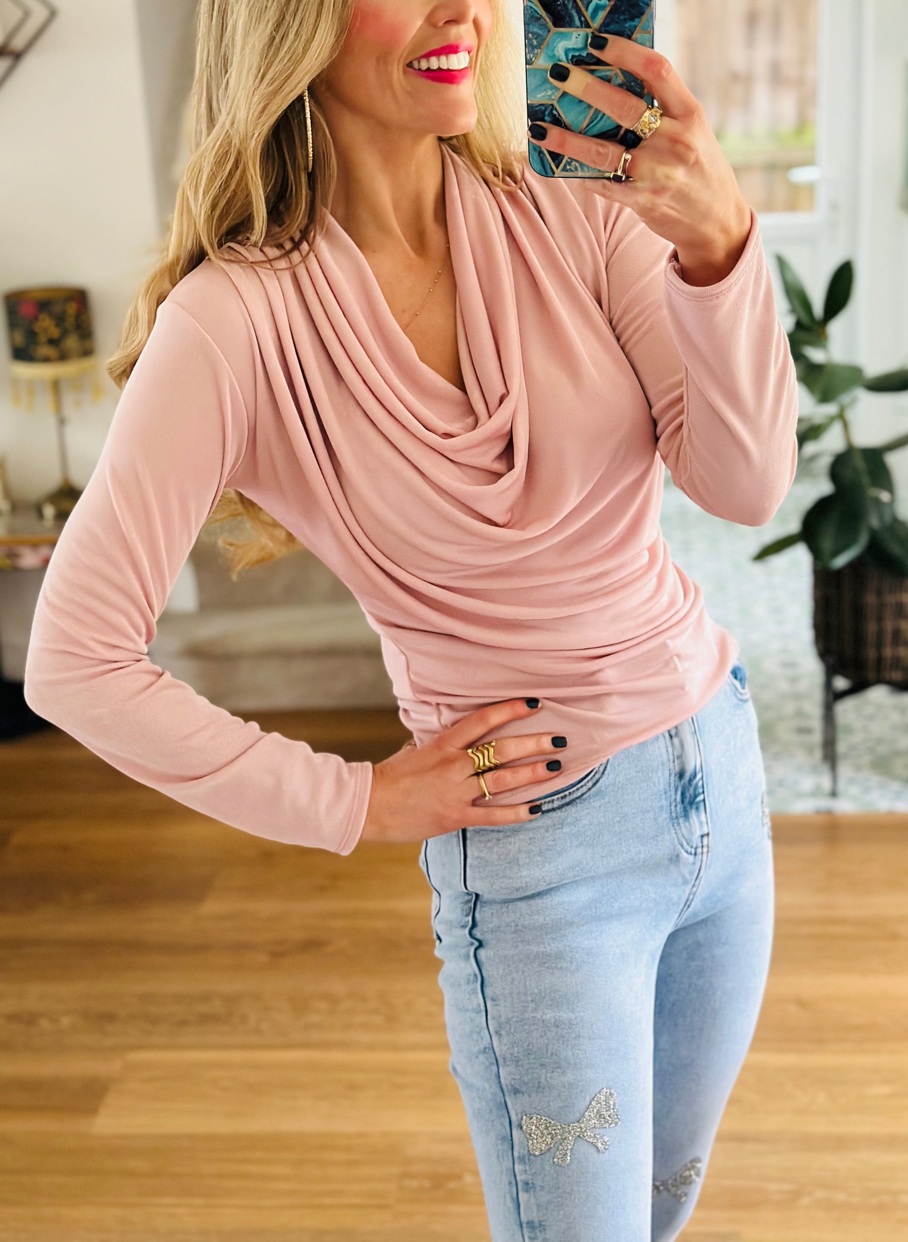 Cowl neck stretch top in baby pink