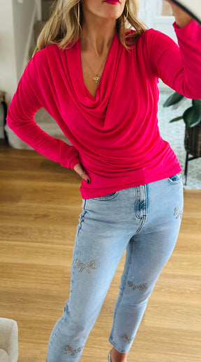 Cowl neck stretch top in hot pink