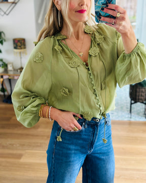 Silk Flower Blouse in Pistachio