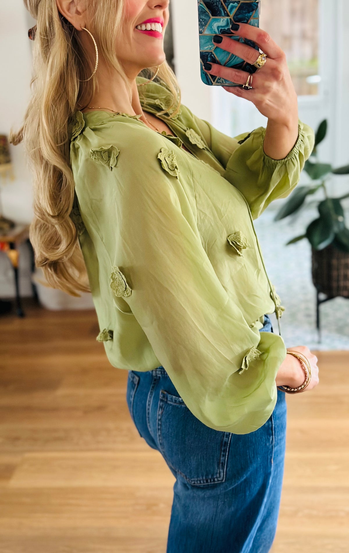 Silk Flower Blouse in Pistachio