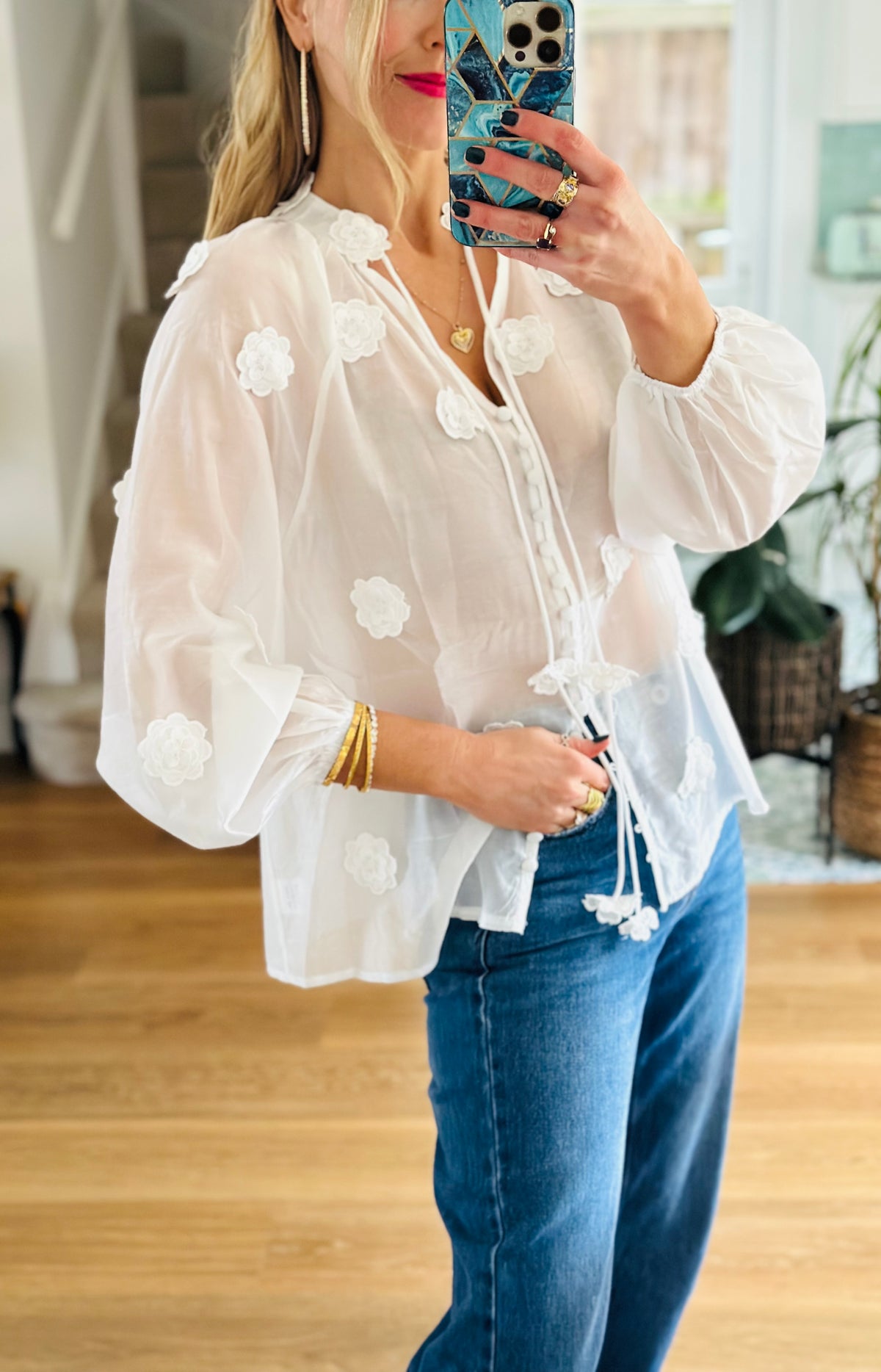 Silk Flower Blouse in White