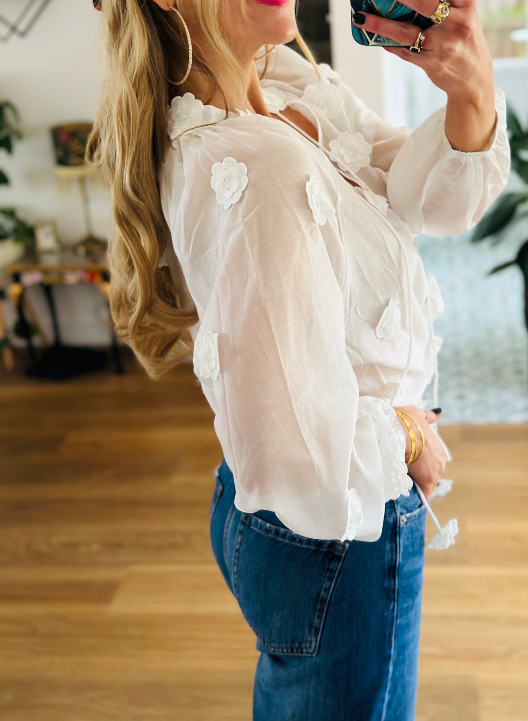 Silk Flower Blouse in White