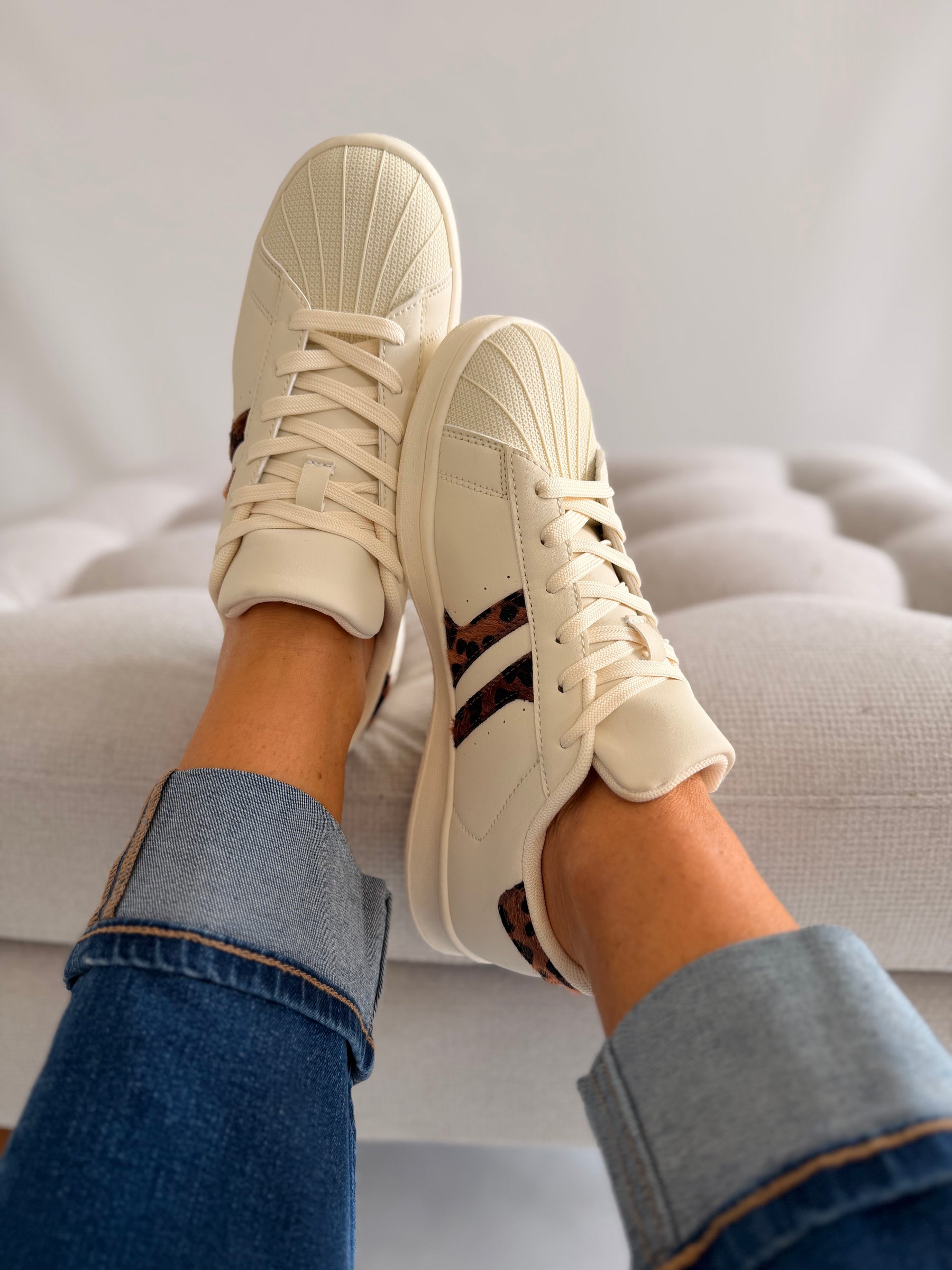 Cream Tennis Style Leopard Detail Trainer