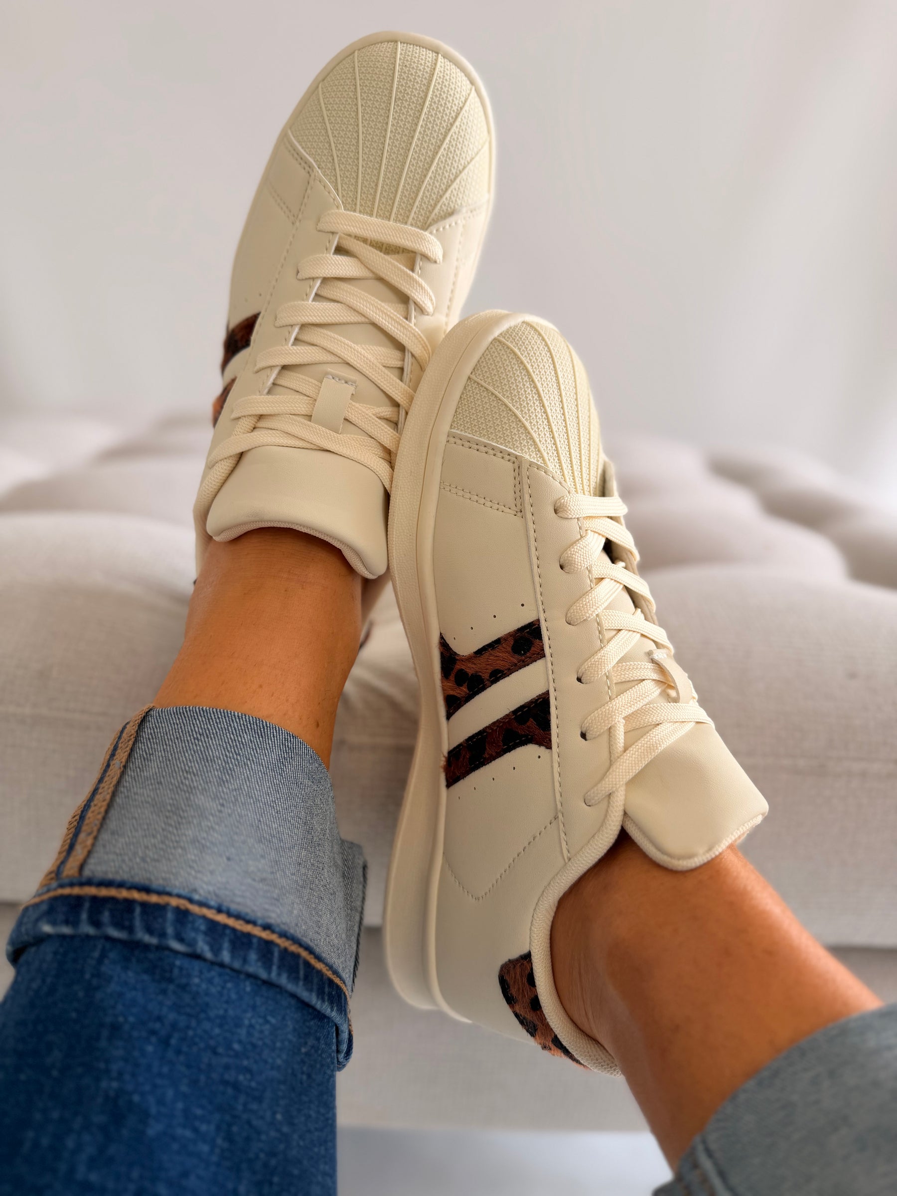 Cream Tennis Style Leopard Detail Trainer