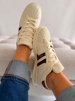 Cream Tennis Style Leopard Detail Trainer