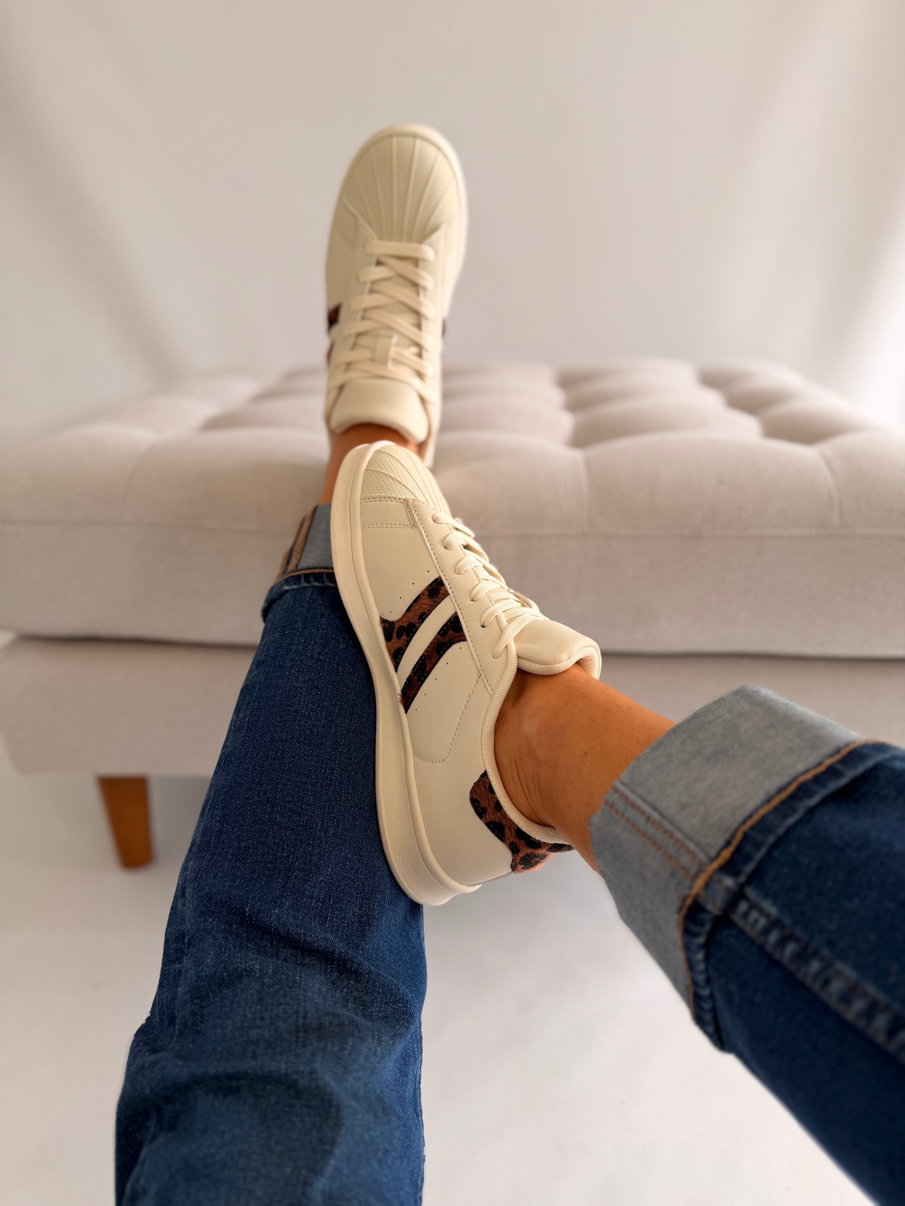 Cream Tennis Style Leopard Detail Trainer