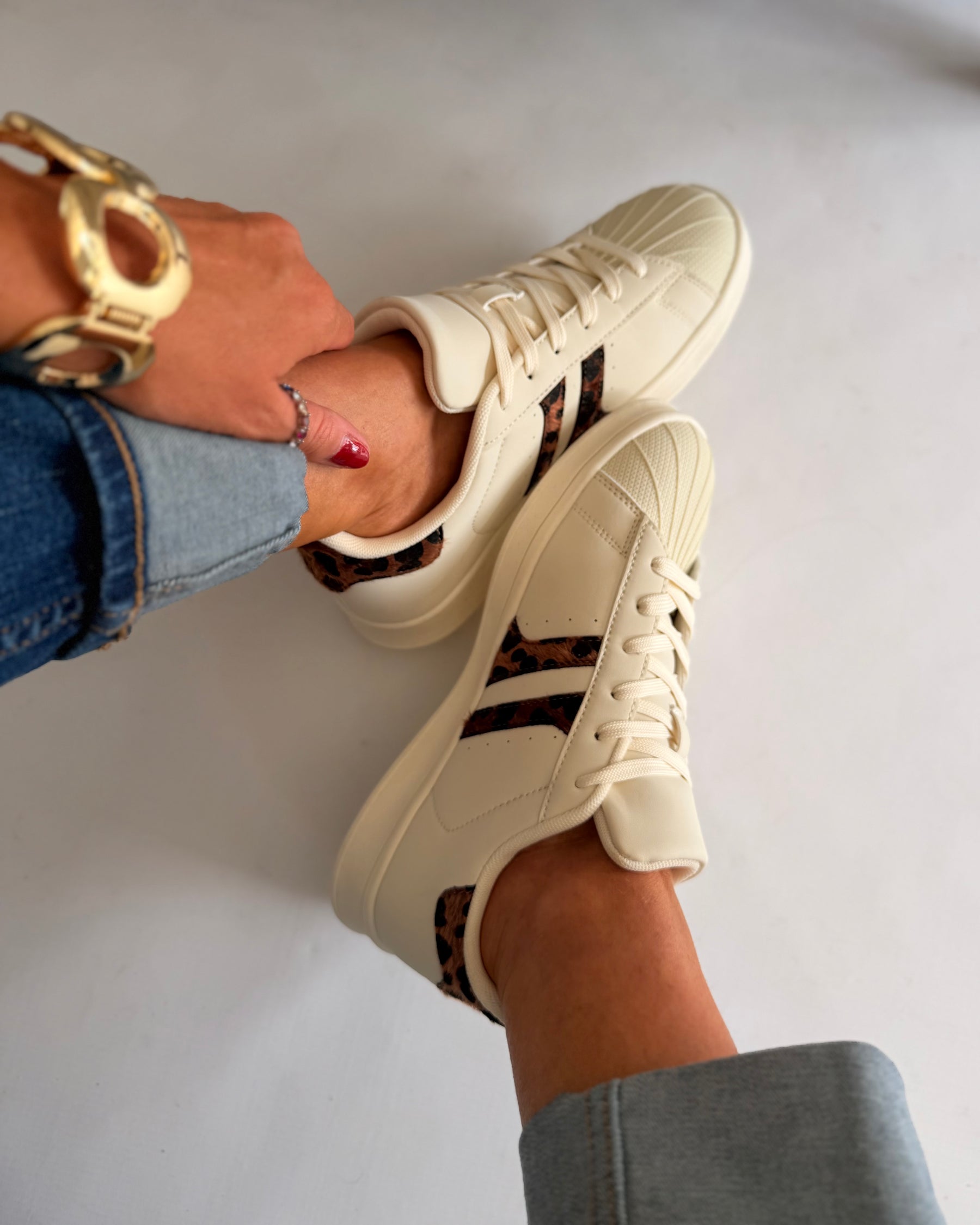 Cream Tennis Style Leopard Detail Trainer