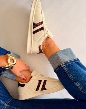Cream Tennis Style Leopard Detail Trainer
