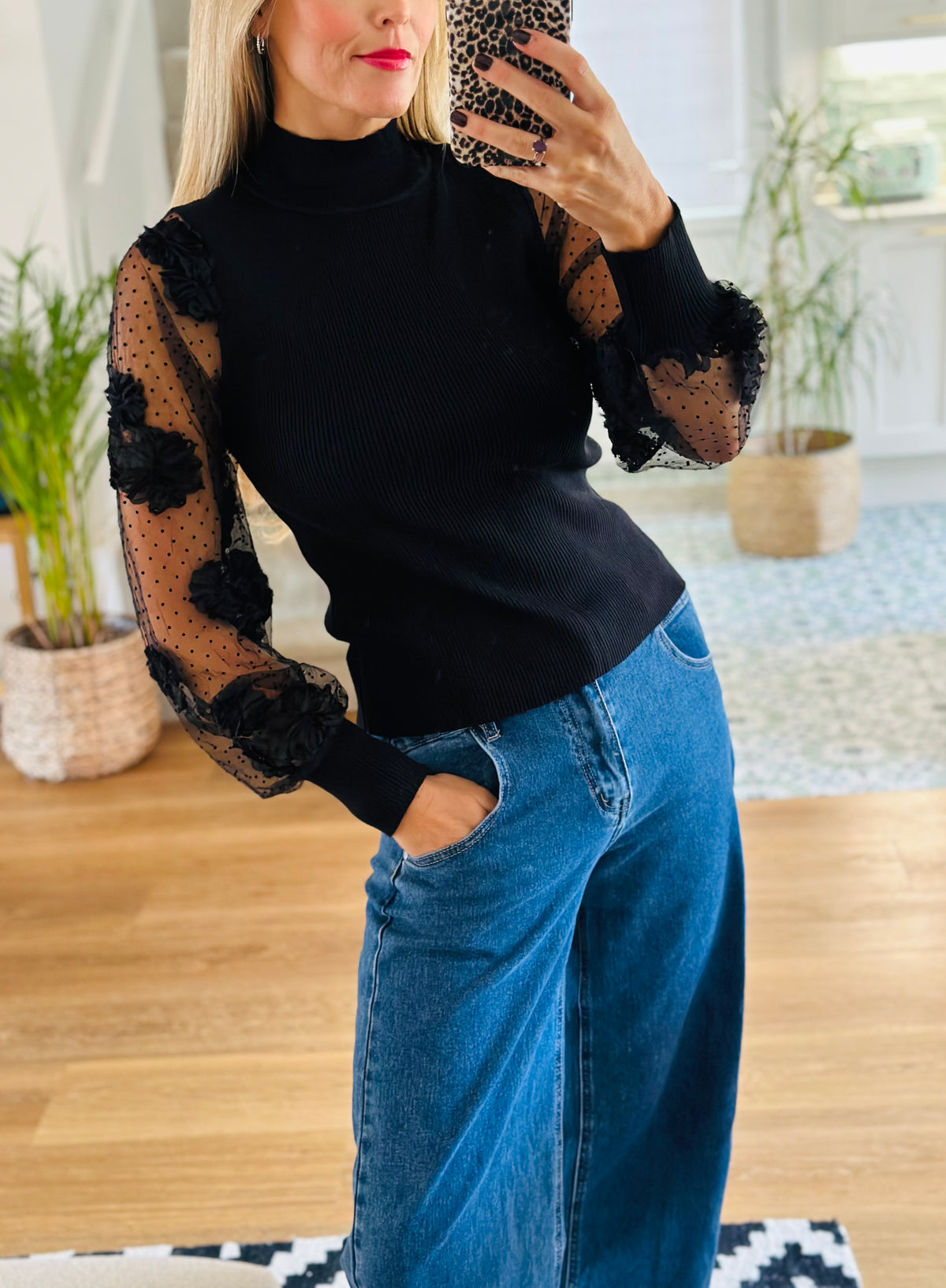 Organza Sleeve Turtle Neck Top