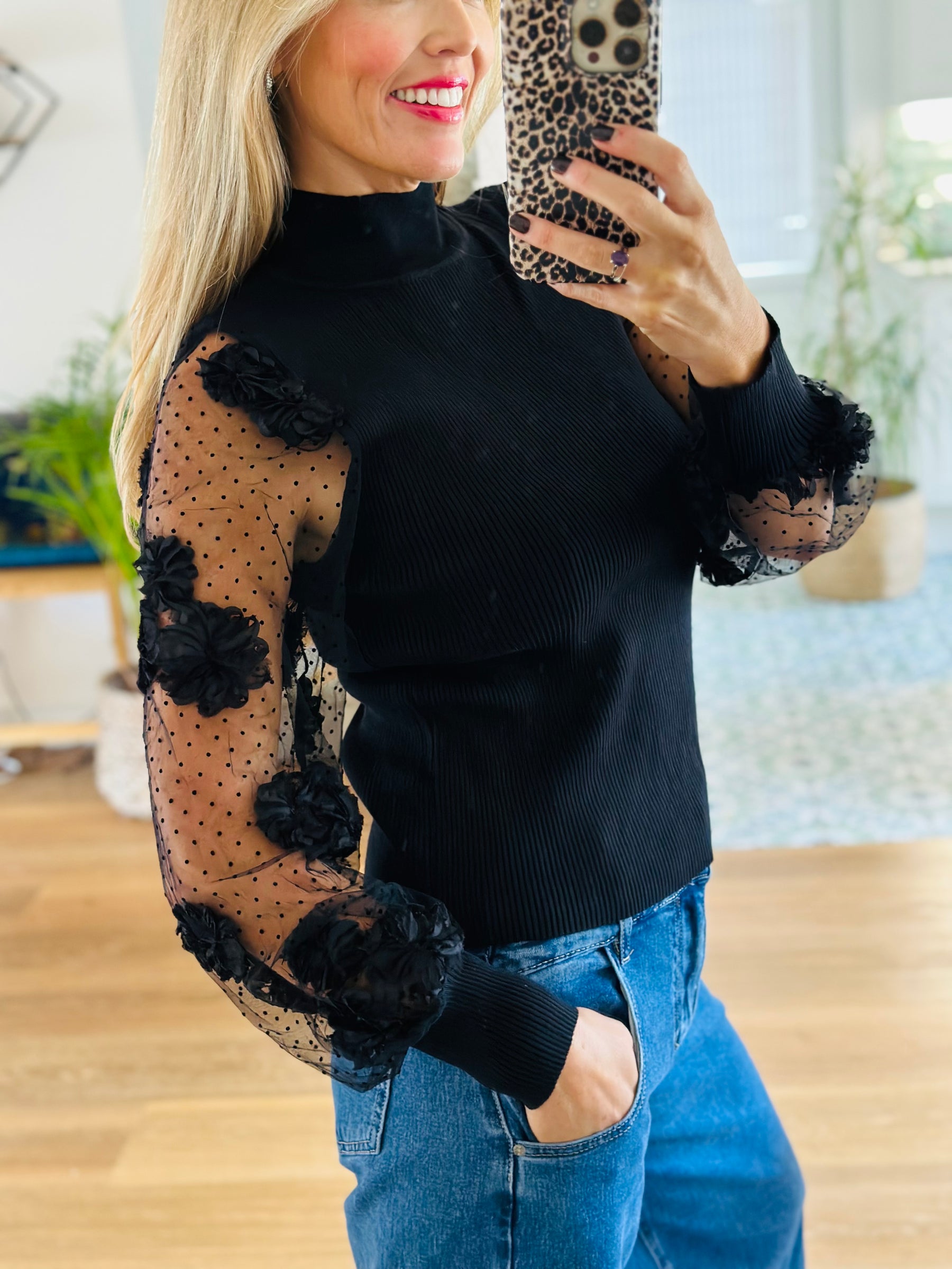 Organza Sleeve Turtle Neck Top